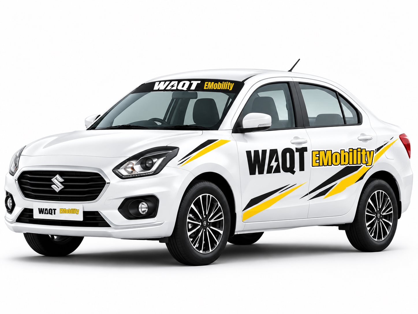 WAQT EMobility branded Maruti Suzuki Dzire sedan used for executive and corporate cab service